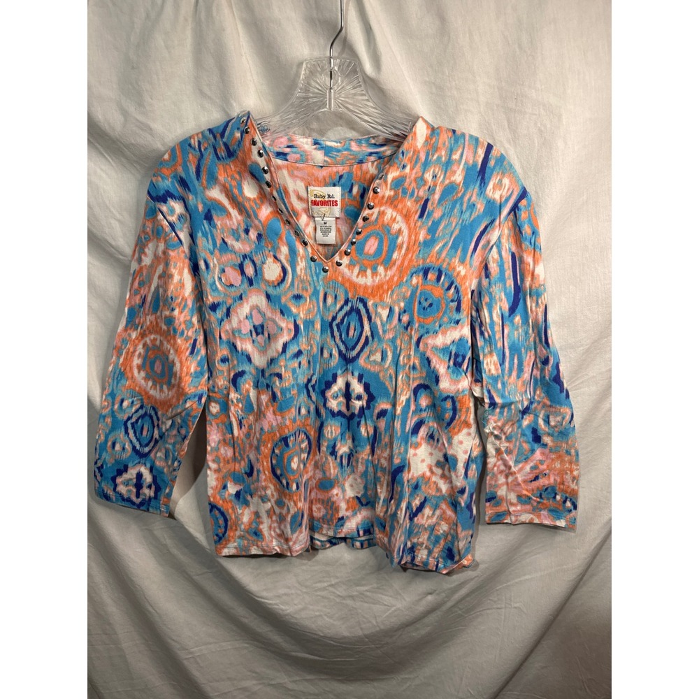 Ruby Rd Favorites Women's Size M V-Neck Studded Print Long Sleeve Shirt Top